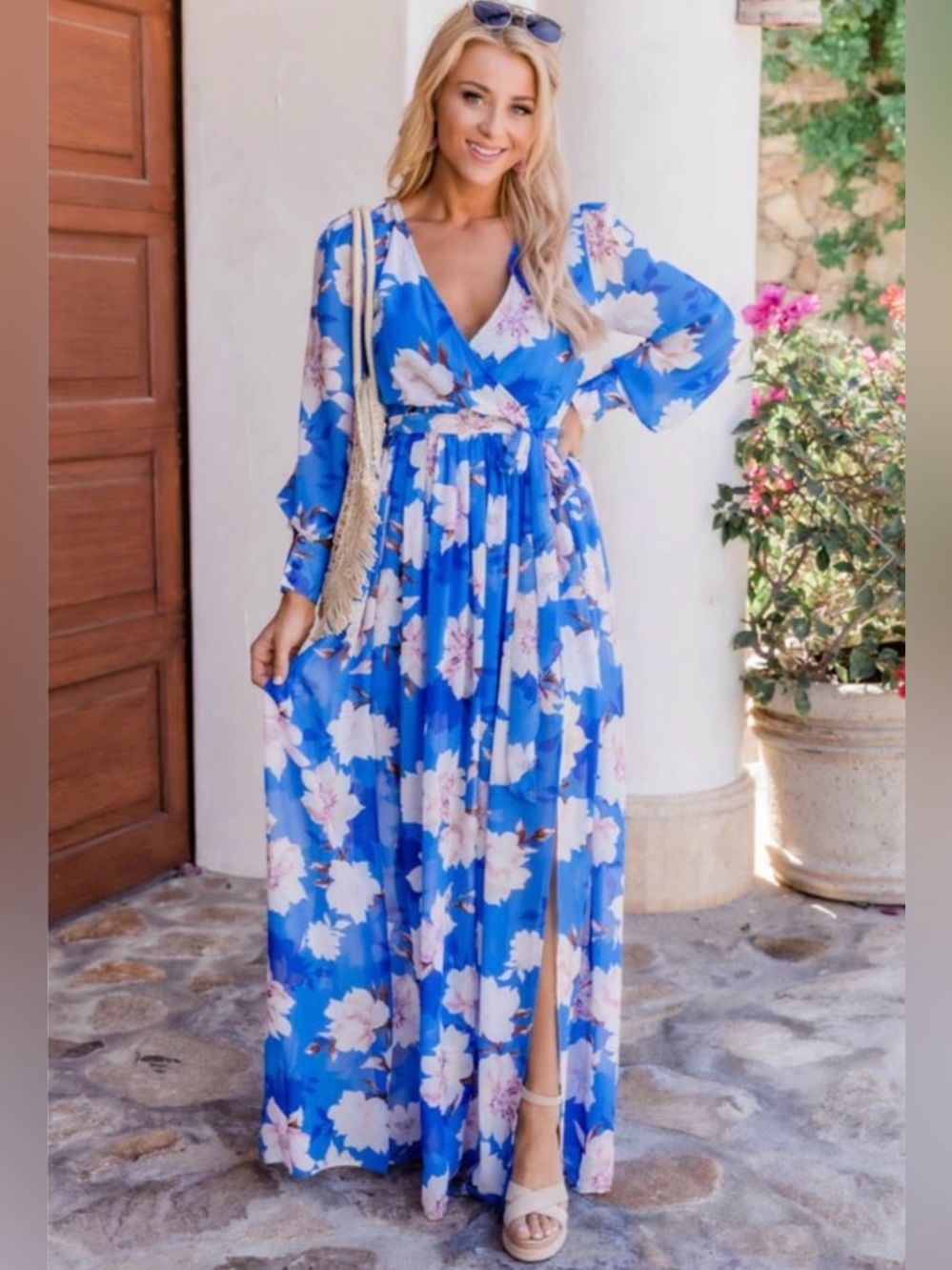 Pink Lily Blue Floral Long Sleeve Wrap Dress with Tie